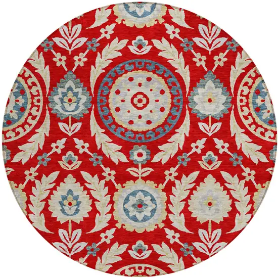 8' Red Beige And Navy Blue Round Floral Washable Indoor Outdoor Area Rug Photo 1