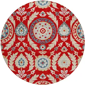 Photo of 8' Red Beige And Navy Blue Round Floral Washable Indoor Outdoor Area Rug
