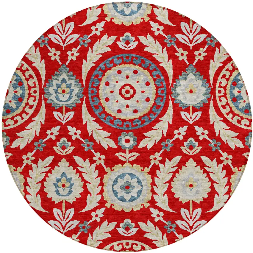 8' Red Beige And Navy Blue Round Floral Washable Indoor Outdoor Area Rug Photo 1