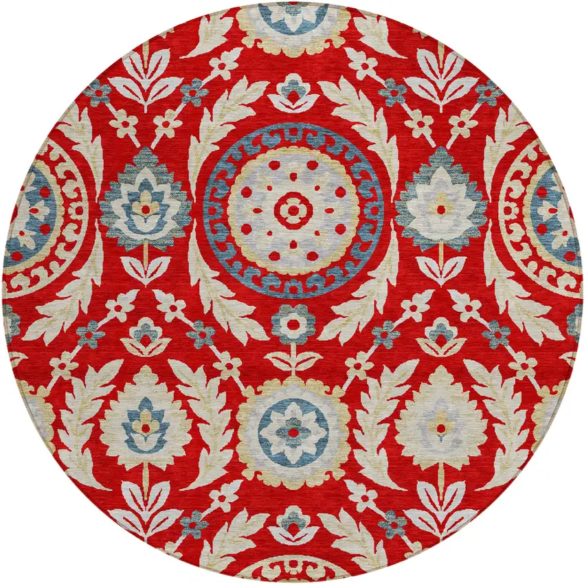 8' Red Beige And Navy Blue Round Floral Washable Indoor Outdoor Area Rug Photo 1