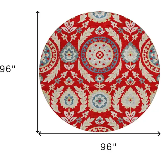 8' Red Beige And Navy Blue Round Floral Washable Indoor Outdoor Area Rug Photo 9