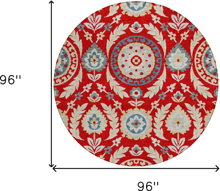 8' Red Beige And Navy Blue Round Floral Washable Indoor Outdoor Area Rug Photo 9