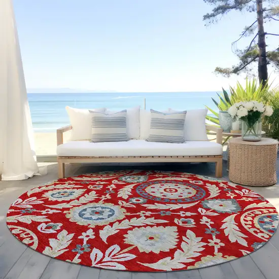 8' Red Beige And Navy Blue Round Floral Washable Indoor Outdoor Area Rug Photo 6