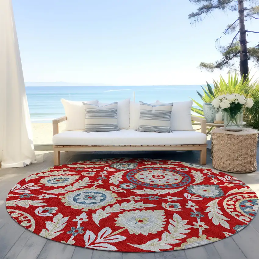 8' Red Beige And Navy Blue Round Floral Washable Indoor Outdoor Area Rug Photo 6