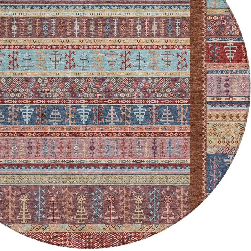 8' Red Beige And Sky Blue Round Striped Washable Indoor Outdoor Area Rug Photo 5