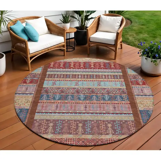 8' Red Beige And Sky Blue Round Striped Washable Indoor Outdoor Area Rug Photo 2