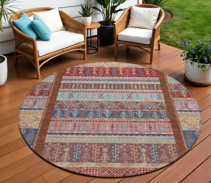 8' Red Beige And Sky Blue Round Striped Washable Indoor Outdoor Area Rug Photo 2
