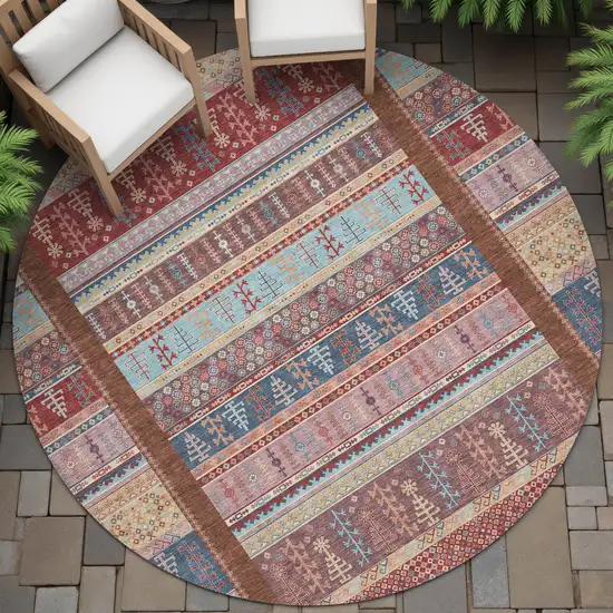 8' Red Beige And Sky Blue Round Striped Washable Indoor Outdoor Area Rug Photo 8