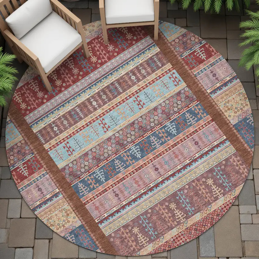8' Red Beige And Sky Blue Round Striped Washable Indoor Outdoor Area Rug Photo 8