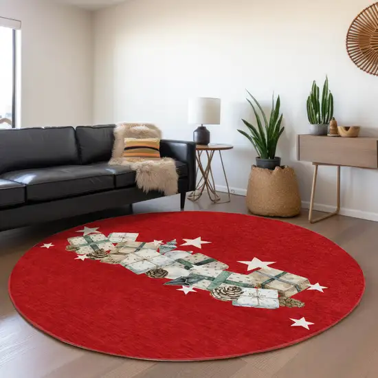 8' Red Beige Ivory And Taupe Round Geometric Washable Indoor Outdoor Area Rug Photo 7