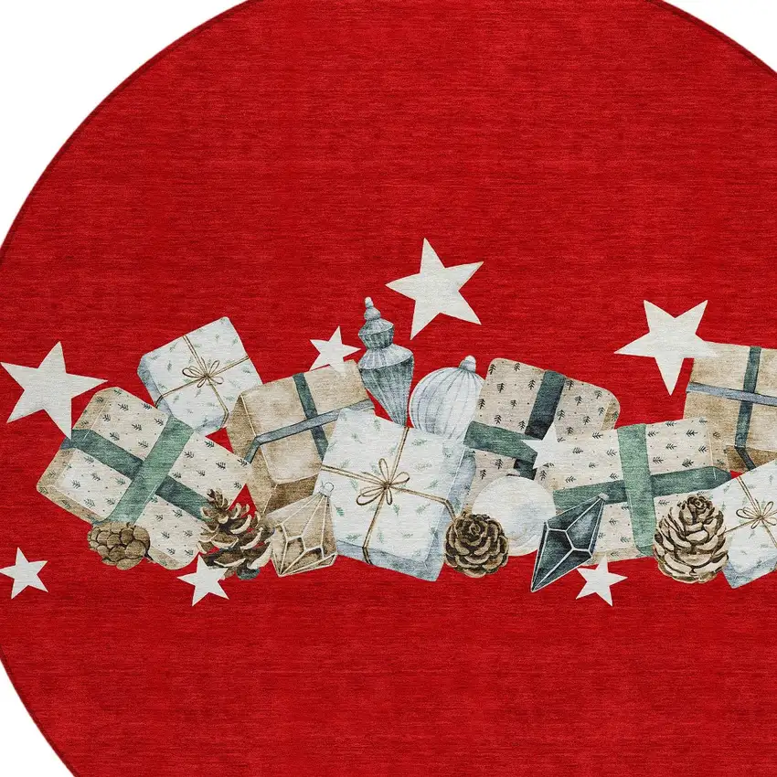 8' Red Beige Ivory And Taupe Round Geometric Washable Indoor Outdoor Area Rug Photo 9