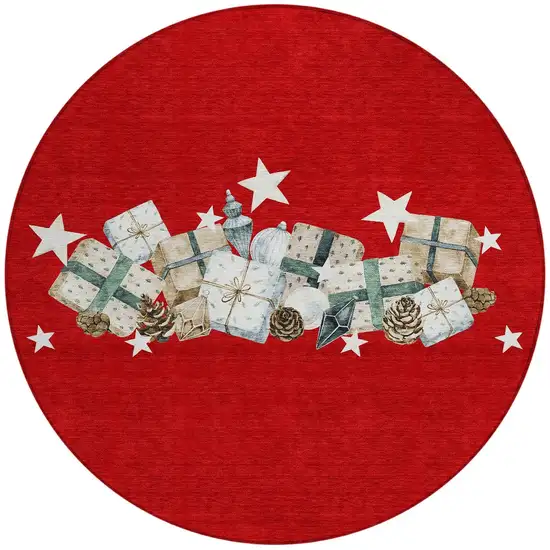 8' Red Beige Ivory And Taupe Round Geometric Washable Indoor Outdoor Area Rug Photo 3