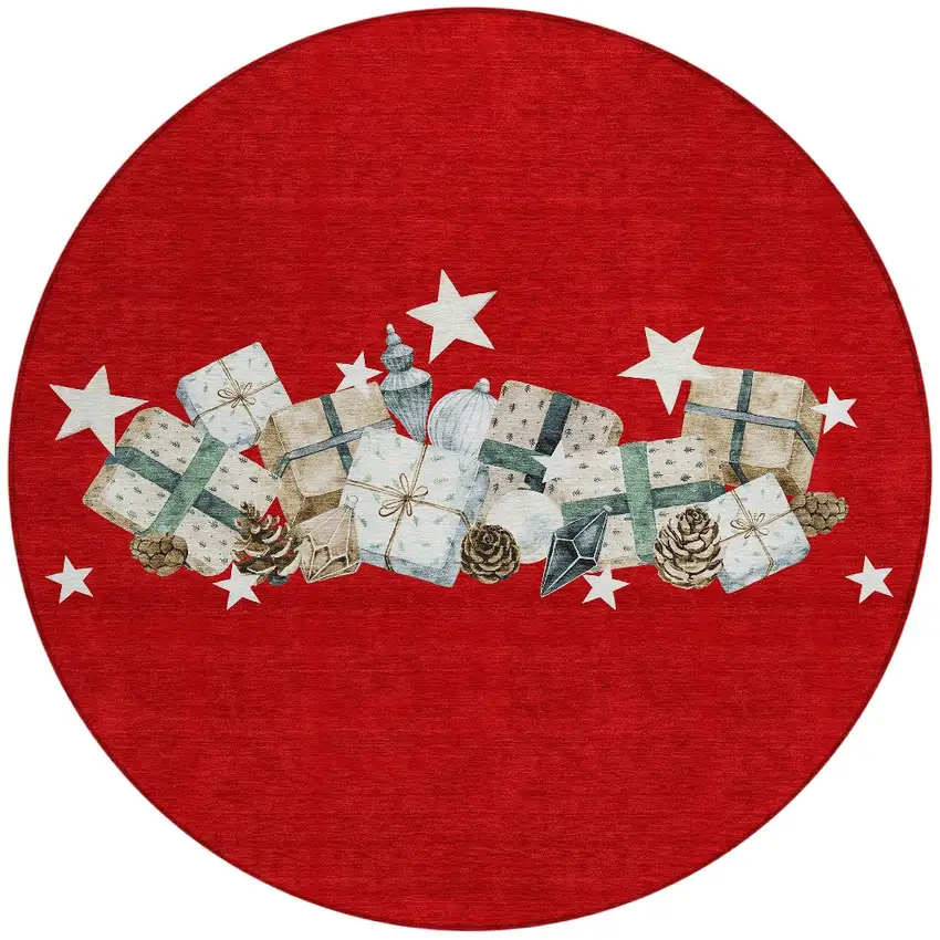 8' Red Beige Ivory And Taupe Round Geometric Washable Indoor Outdoor Area Rug Photo 3