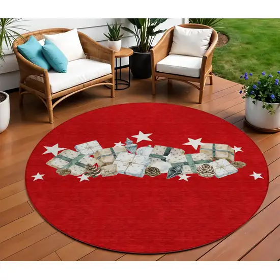 8' Red Beige Ivory And Taupe Round Geometric Washable Indoor Outdoor Area Rug Photo 2