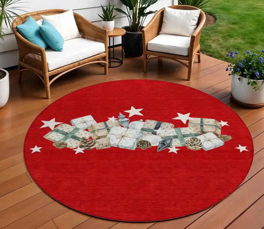 8' Red Beige Ivory And Taupe Round Geometric Washable Indoor Outdoor Area Rug Photo 2