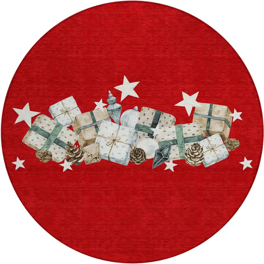 8' Red Beige Ivory And Taupe Round Geometric Washable Indoor Outdoor Area Rug Photo 1