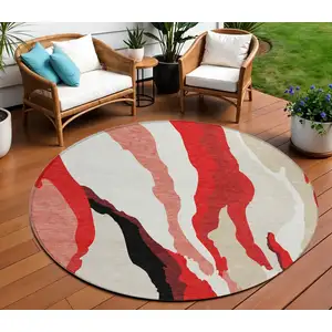 Photo of 8' Red Black And Beige Round Abstract Washable Indoor Outdoor Area Rug