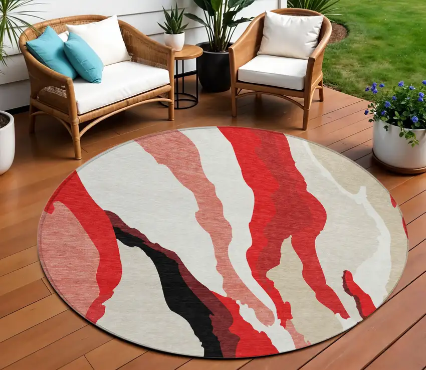 8' Red Black And Beige Round Abstract Washable Indoor Outdoor Area Rug Photo 1