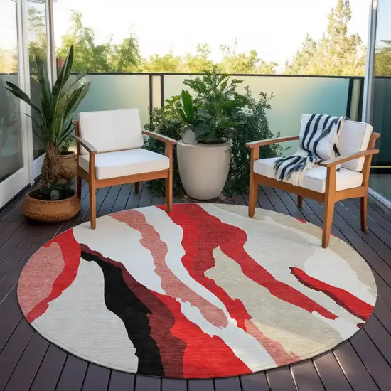 8' Red Black And Beige Round Abstract Washable Indoor Outdoor Area Rug Photo 8