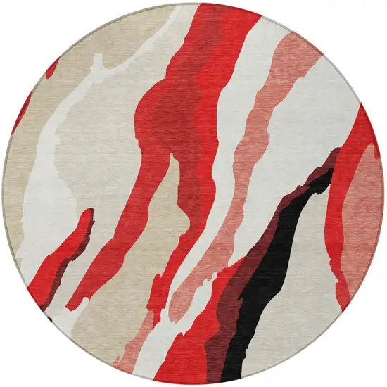 8' Red Black And Beige Round Abstract Washable Indoor Outdoor Area Rug Photo 7