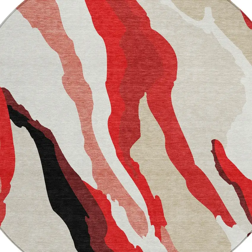 8' Red Black And Beige Round Abstract Washable Indoor Outdoor Area Rug Photo 6
