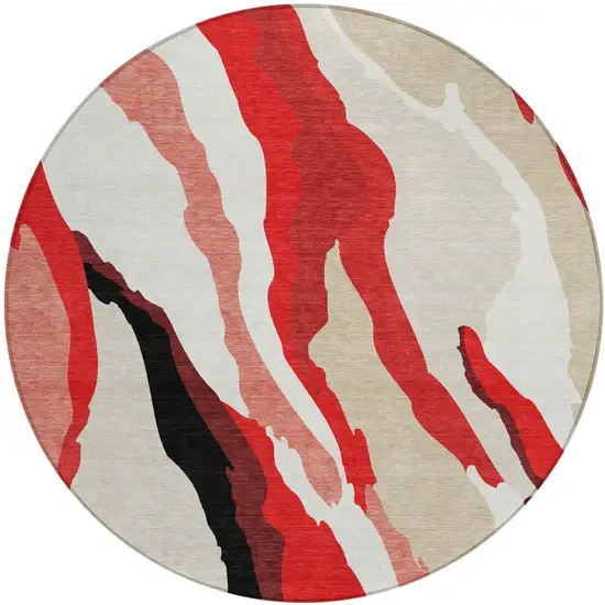 8' Red Black And Beige Round Abstract Washable Indoor Outdoor Area Rug Photo 2