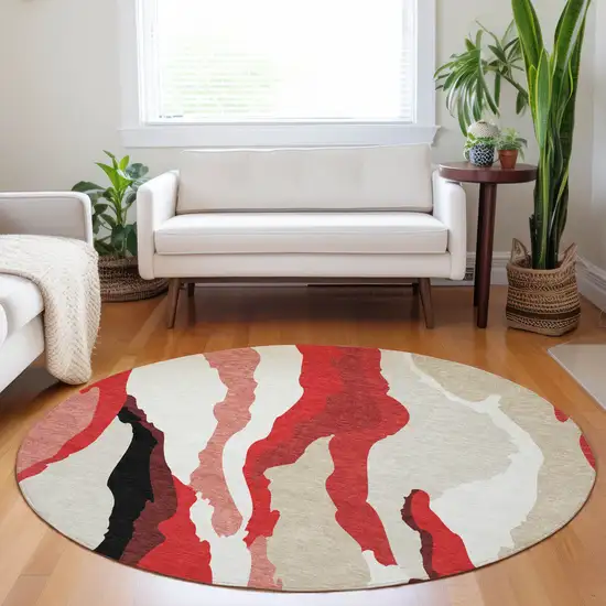 8' Red Black And Beige Round Abstract Washable Indoor Outdoor Area Rug Photo 9