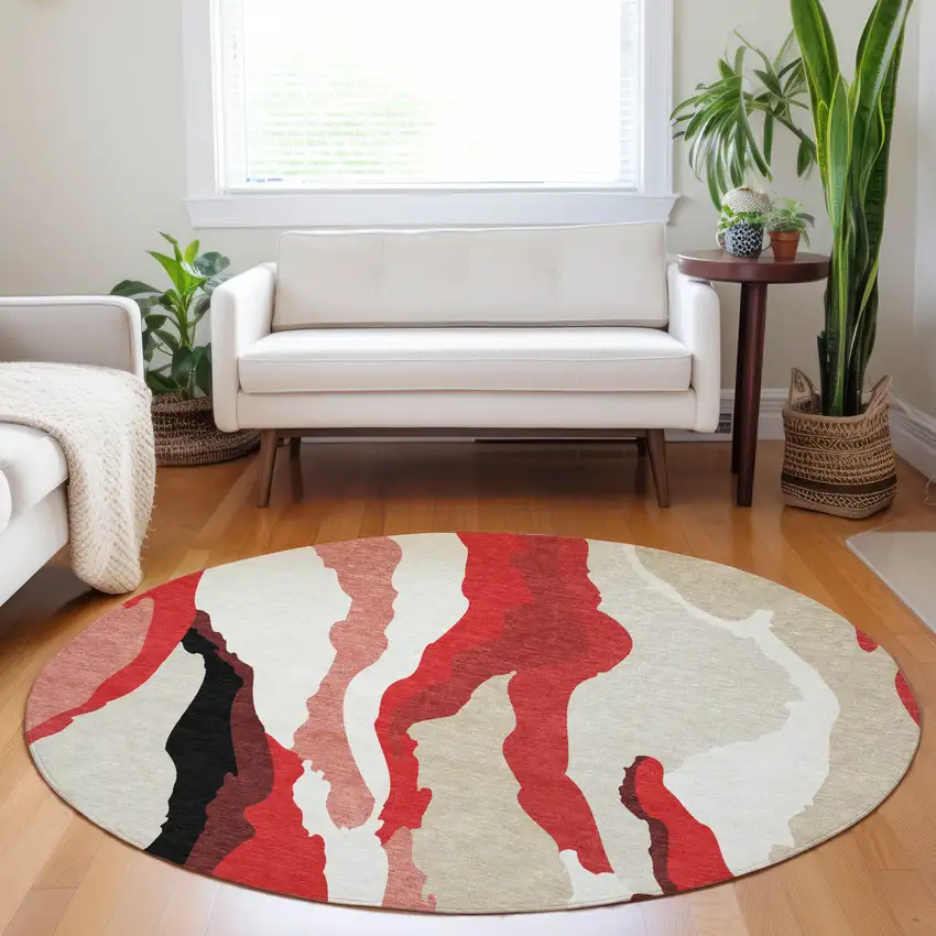 8' Red Black And Beige Round Abstract Washable Indoor Outdoor Area Rug Photo 9