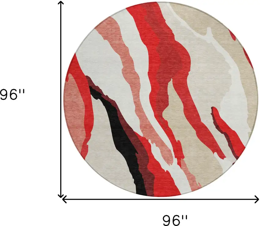 8' Red Black And Beige Round Abstract Washable Indoor Outdoor Area Rug Photo 8