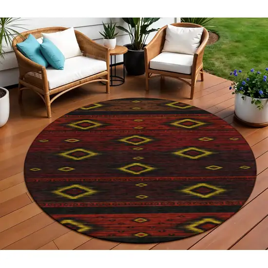 8' Red Black And Gold Round Tribal Washable Indoor Outdoor Area Rug Photo 2