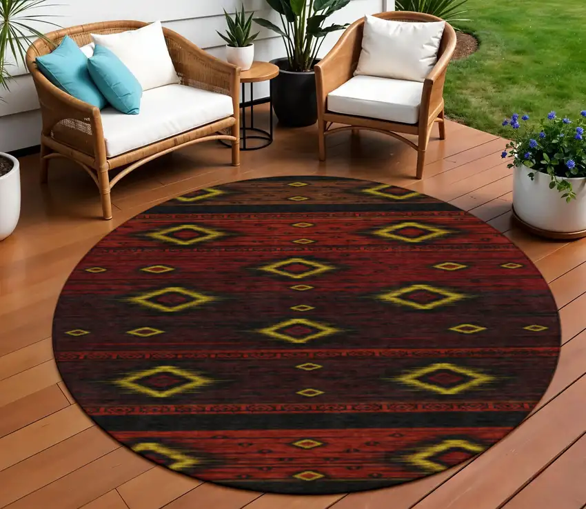 8' Red Black And Gold Round Tribal Washable Indoor Outdoor Area Rug Photo 2