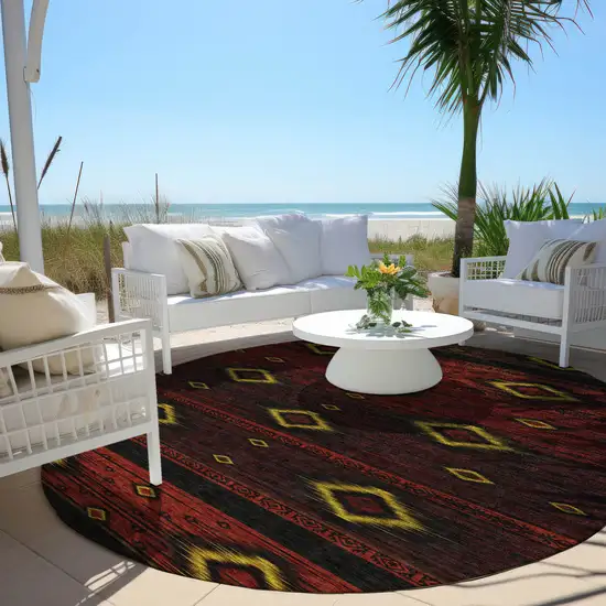 8' Red Black And Gold Round Tribal Washable Indoor Outdoor Area Rug Photo 6