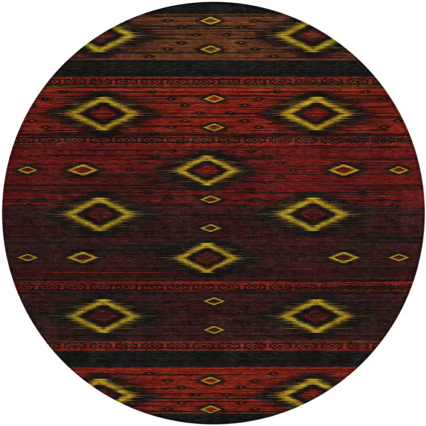 8' Red Black And Gold Round Tribal Washable Indoor Outdoor Area Rug Photo 1