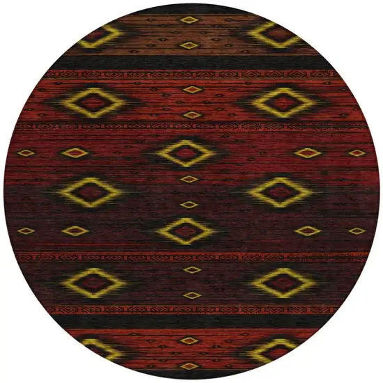 8' Red Black And Gold Round Tribal Washable Indoor Outdoor Area Rug Photo 3