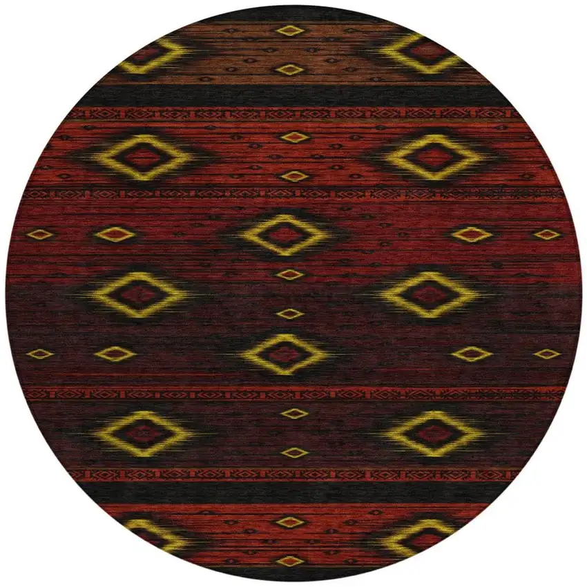 8' Red Black And Gold Round Tribal Washable Indoor Outdoor Area Rug Photo 3