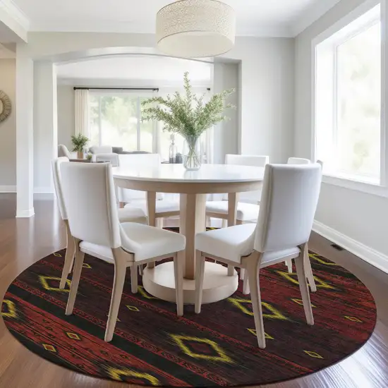 8' Red Black And Gold Round Tribal Washable Indoor Outdoor Area Rug Photo 7