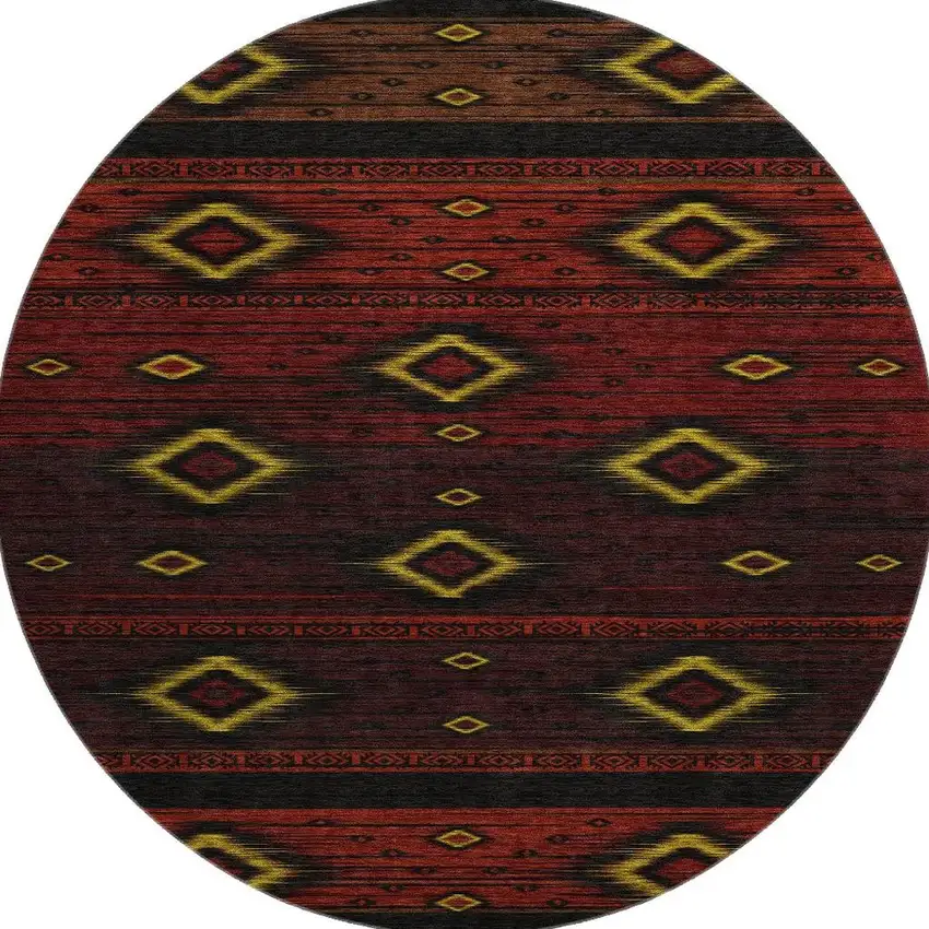 8' Red Black And Gold Tribal Washable Round Rug With UV Protection Photo 4
