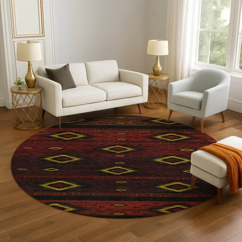 8' Red Black And Gold Tribal Washable Round Rug With UV Protection Photo 5