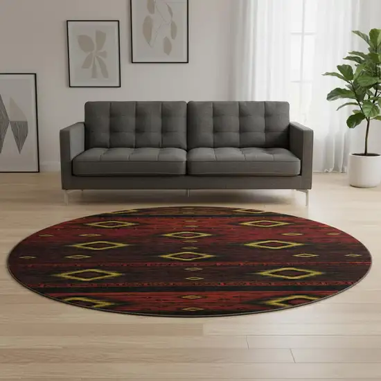 8' Red Black And Gold Tribal Washable Round Rug With UV Protection Photo 2