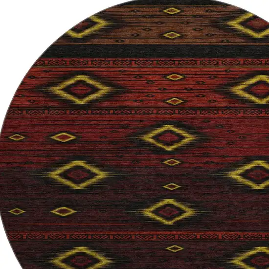 8' Red Black And Gold Tribal Washable Round Rug With UV Protection Photo 3