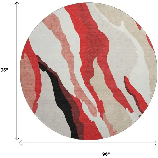 8' Red Black And Ivory Abstract Washable Round Rug With UV Protection Photo 9