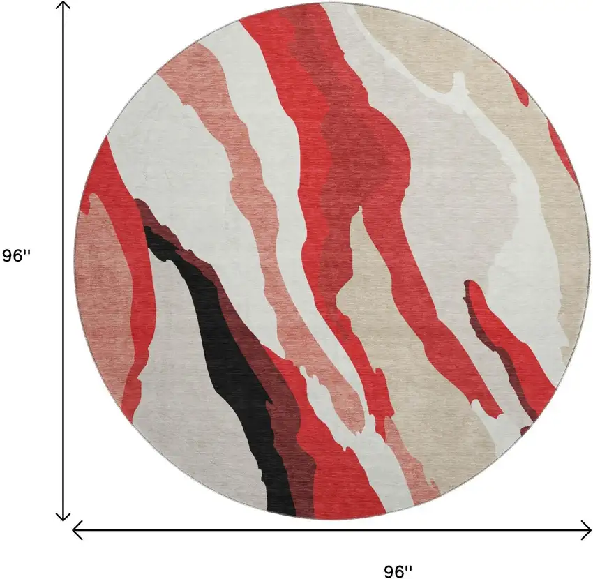8' Red Black And Ivory Abstract Washable Round Rug With UV Protection Photo 9