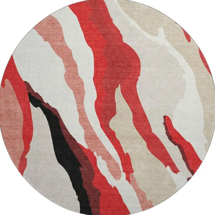 8' Red Black And Ivory Abstract Washable Round Rug With UV Protection Photo 3