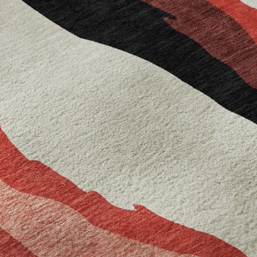 8' Red Black And Ivory Abstract Washable Round Rug With UV Protection Photo 8