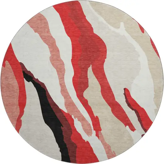 8' Red Black And Ivory Abstract Washable Round Rug With UV Protection Photo 1