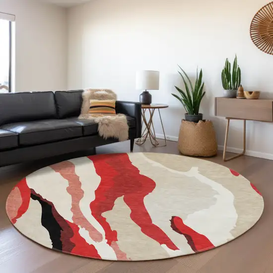 8' Red Black And Ivory Abstract Washable Round Rug With UV Protection Photo 4