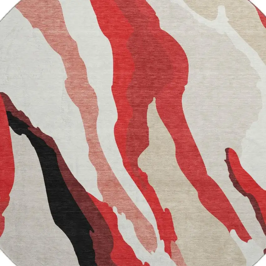 8' Red Black And Ivory Abstract Washable Round Rug With UV Protection Photo 2
