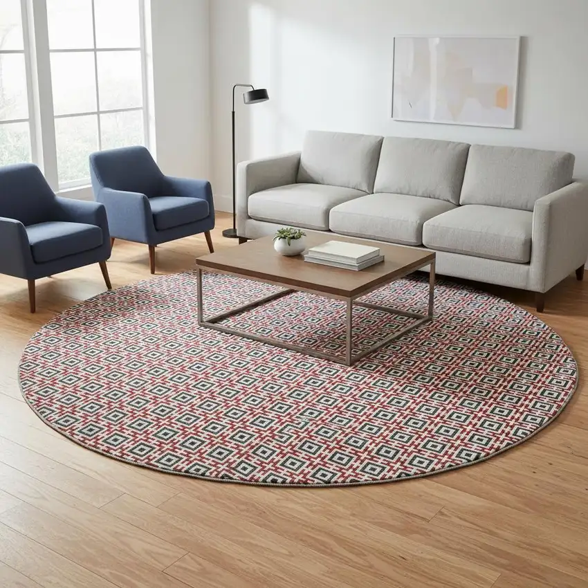 8' Red Black And Ivory Geometric Washable Round Rug With UV Protection Photo 1