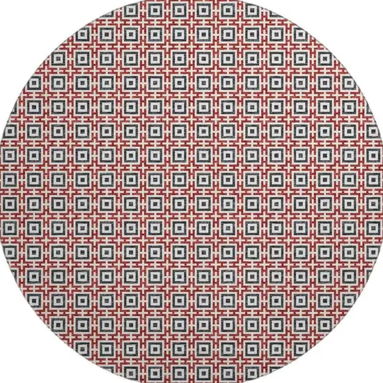 8' Red Black And Ivory Geometric Washable Round Rug With UV Protection Photo 4