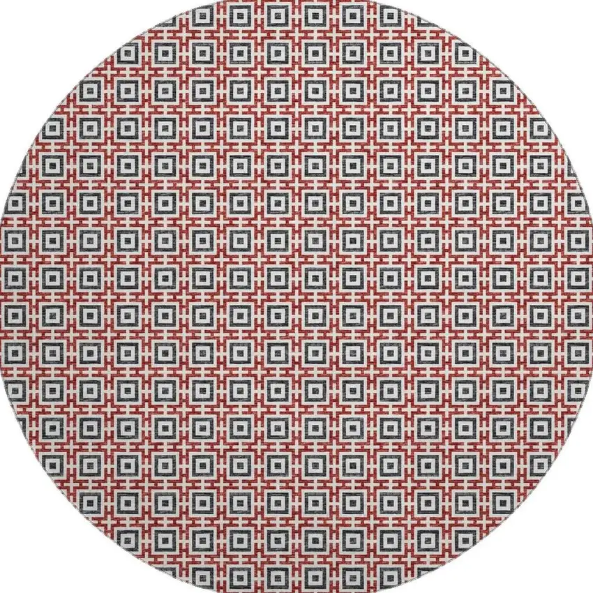 8' Red Black And Ivory Geometric Washable Round Rug With UV Protection Photo 4